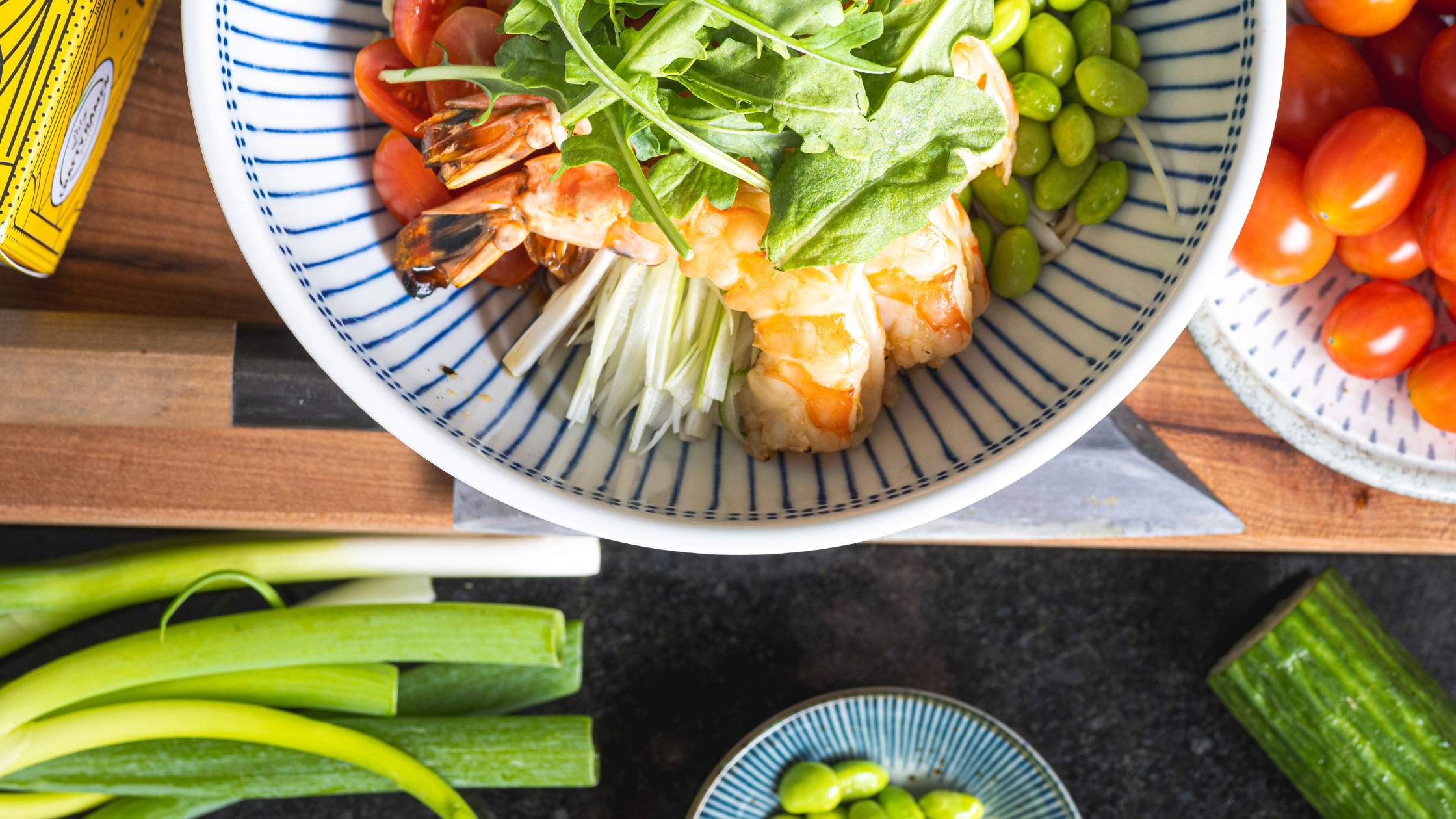 Hiyashi Chuka Yuzu Ramen with Grilled Shrimp on a tabletop