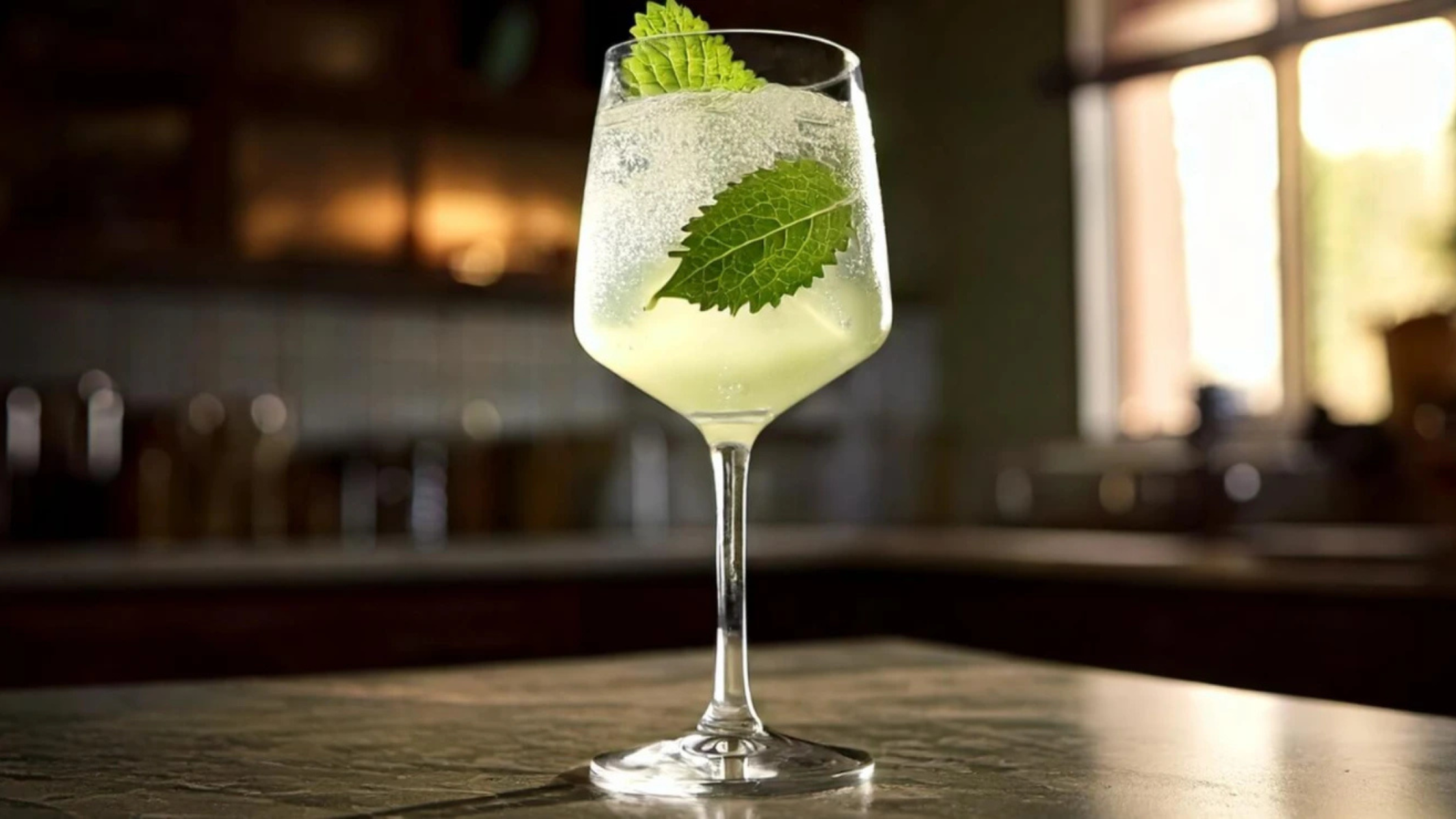 A glass of yuzu spritz on a kitchen countertop.