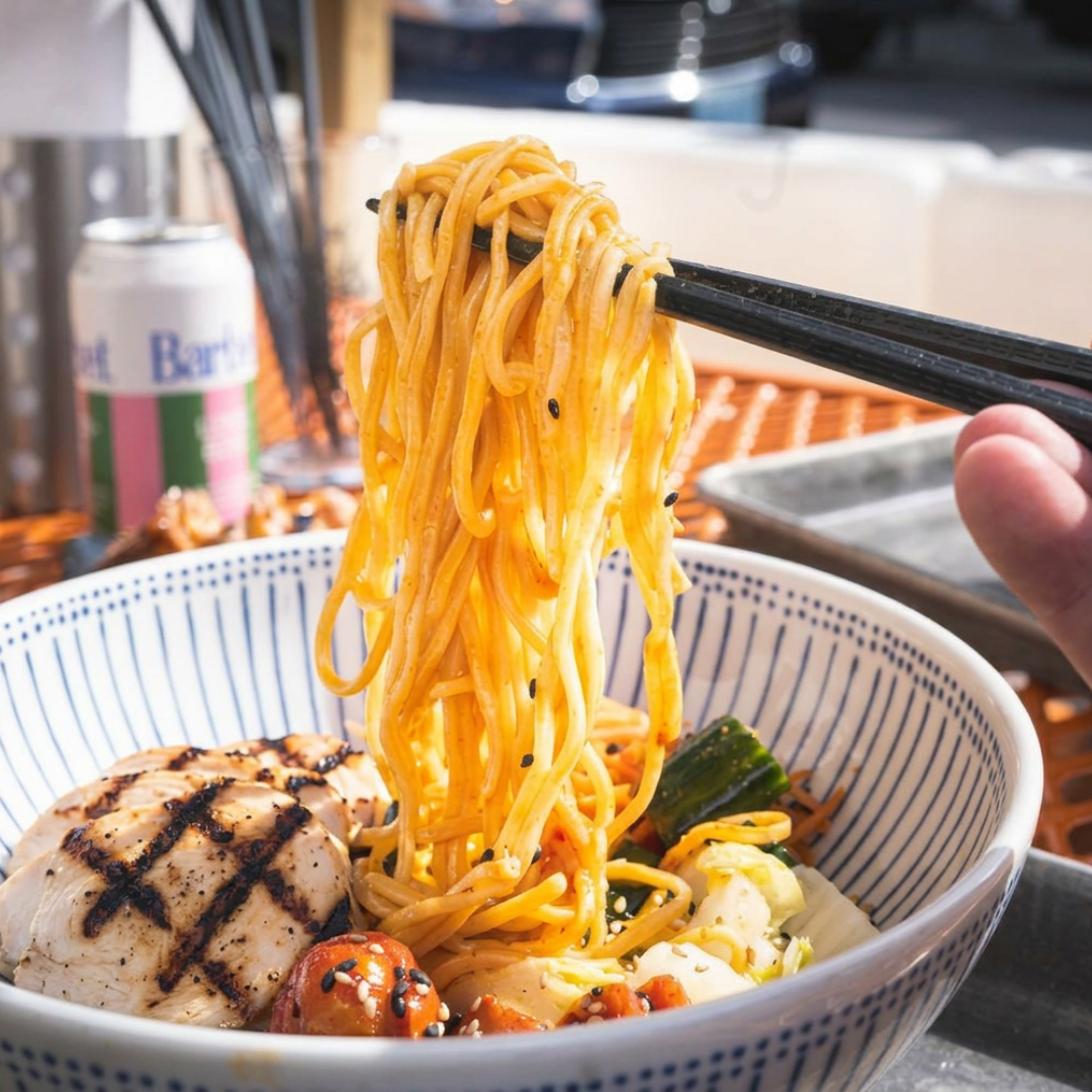 A bowl of Grilled Chicken Kimchi Mazeman with a noodle pull.