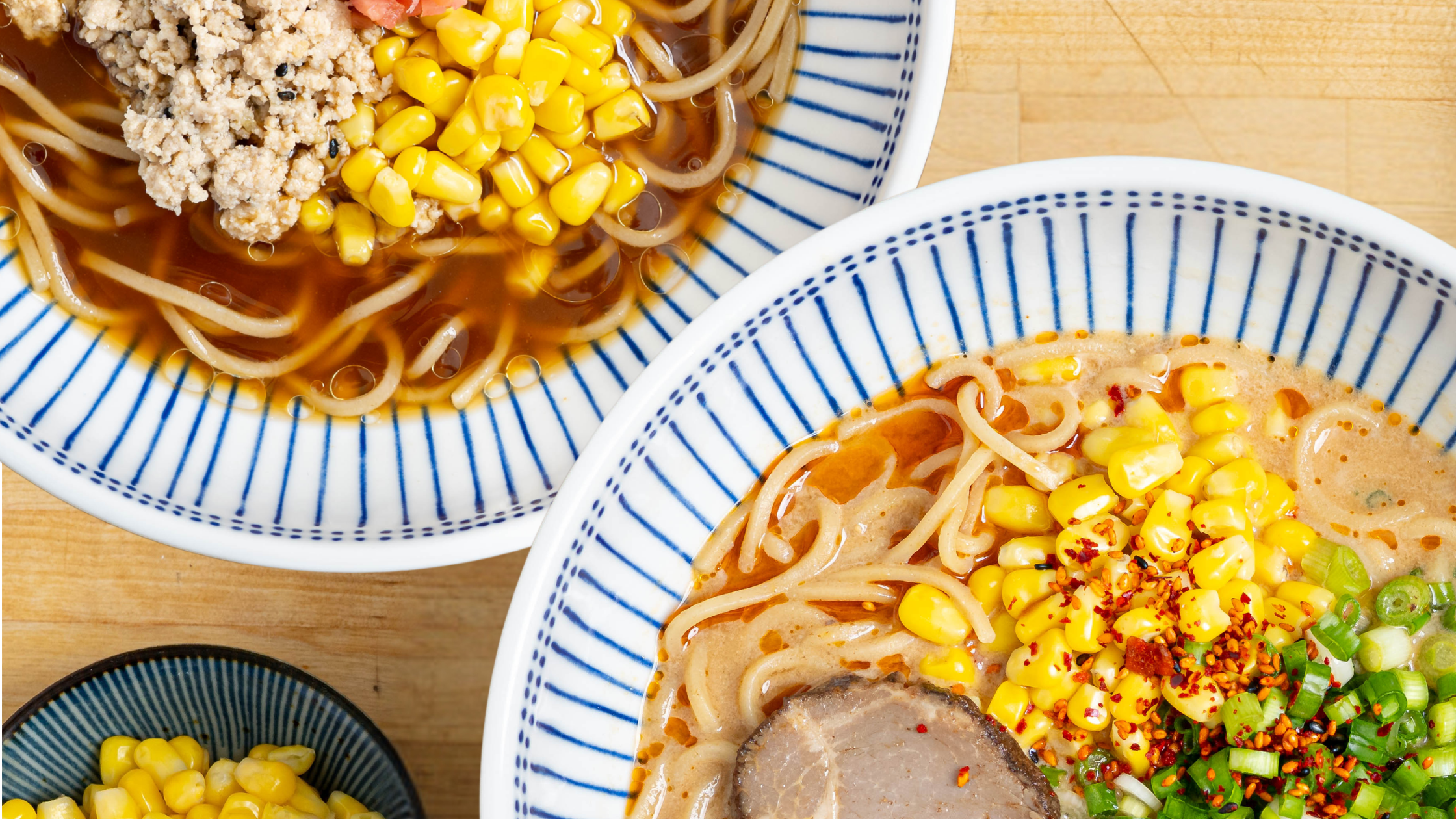 Spicy Pork Miso Frozen Ramen and Chicken Shoyu Frozen Ramen finished bowls.