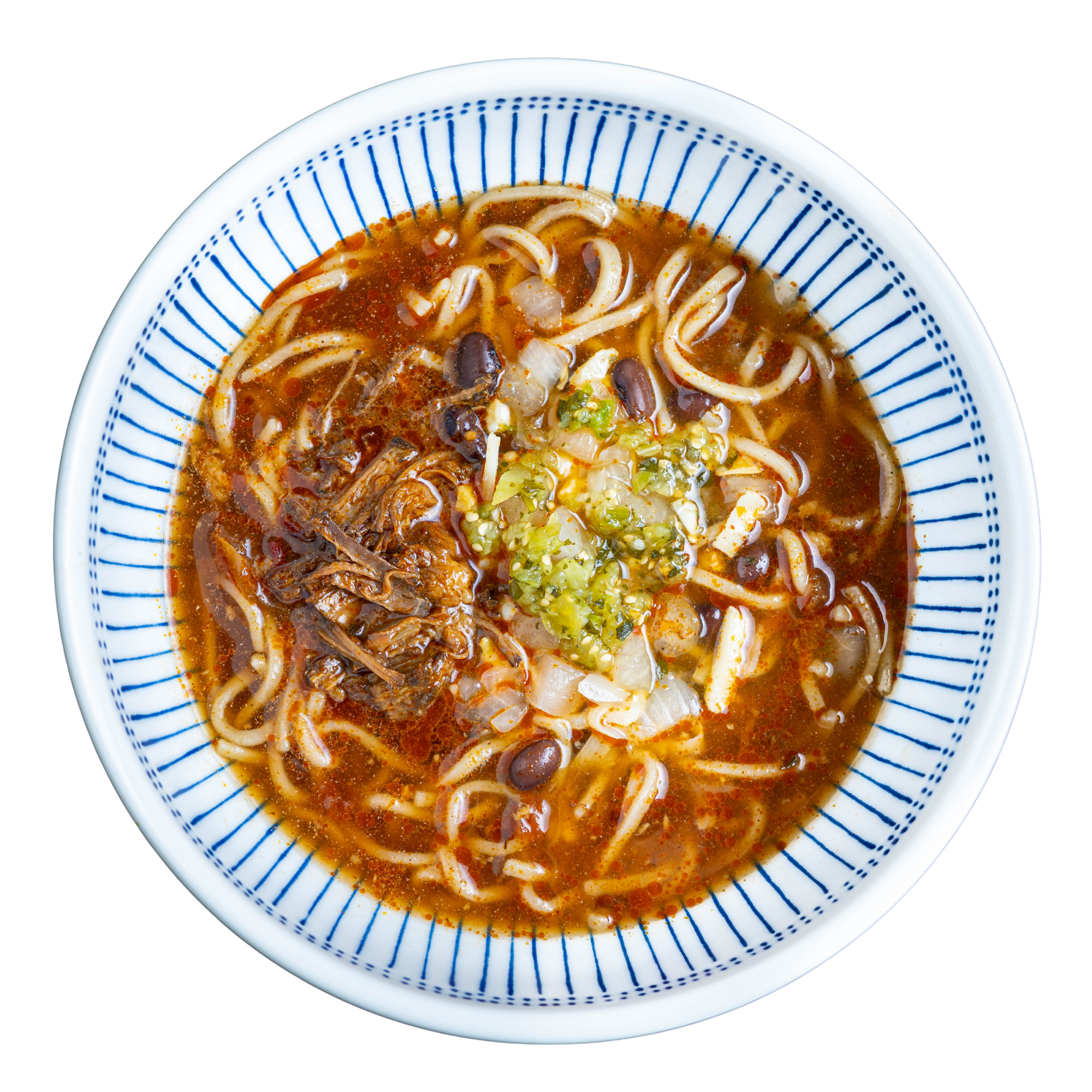 Brisket Birria Frozen Ramen with birria broth, masa ramen noodles, beef brisket, black beans, onions, tomatillo salsa, and cheese in a white bowl.