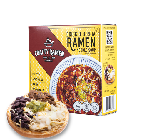 Crafty Ramen Brisket Birria Frozen Ramen box and frozen puck.