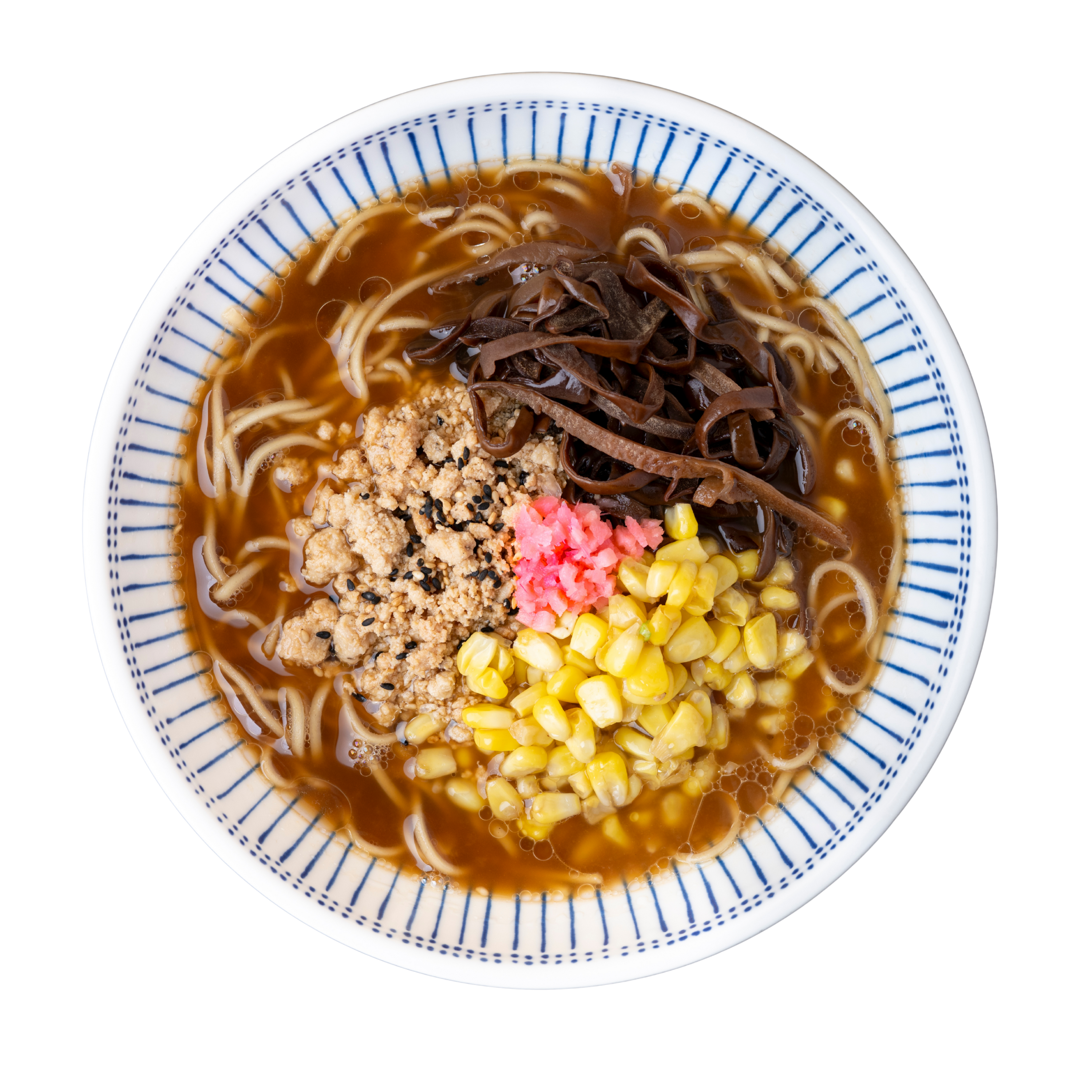 Chicken Shoyu Ramen with scratch-made noodles, real bone broth, ground chicken, sweet corn, ginger, and seasoned wood ear mushrooms in a white bowl.