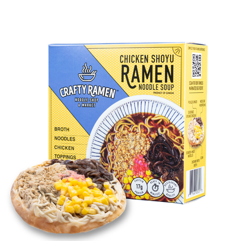 Crafty Ramen Chicken Shoyu Frozen Ramen box and frozen puck.