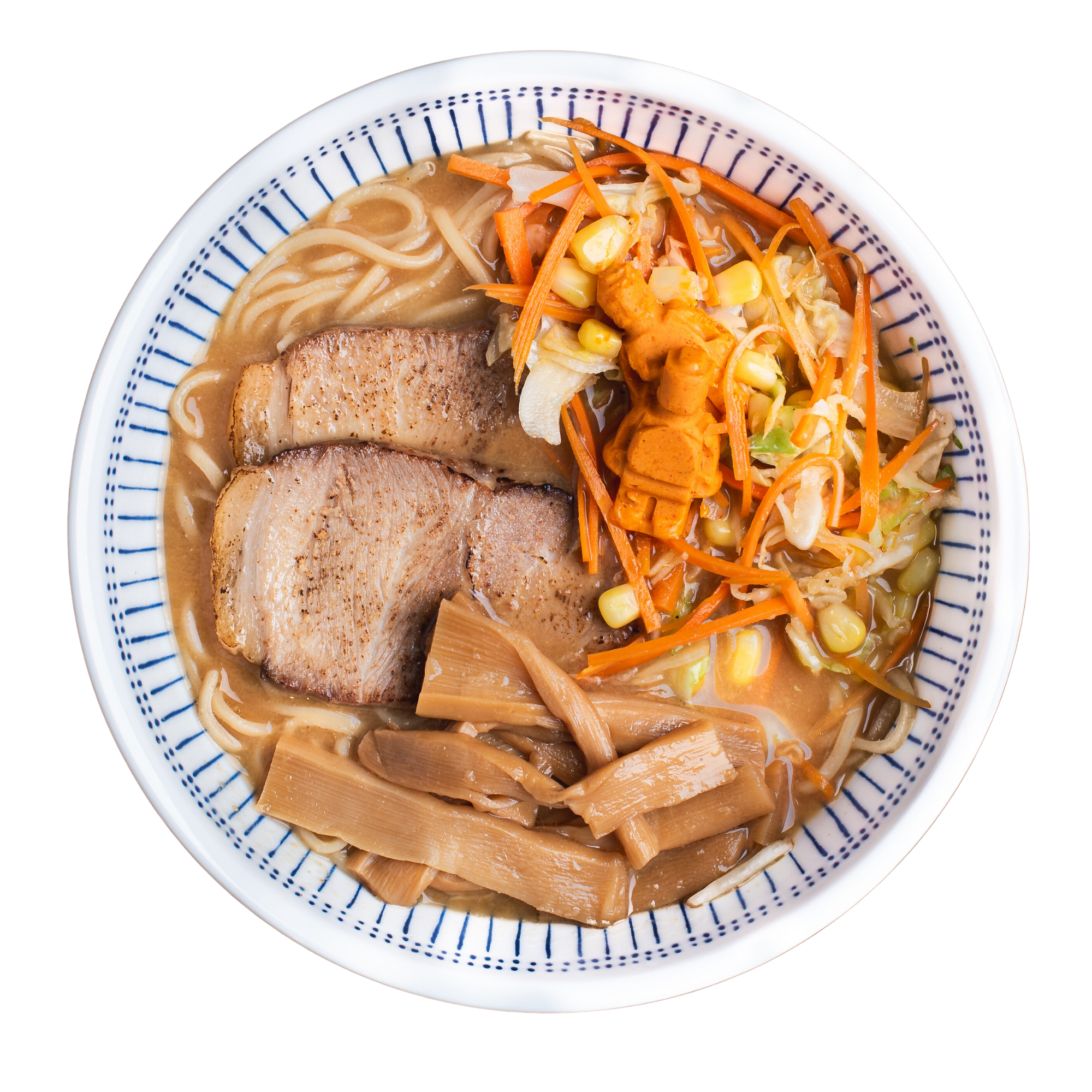 Pork Miso Ramen with scratch-made noodles, real bone broth, sliced pork chashu, carrot-cabbage slaw, seasoned bamboo shoots, and chili miso butter in a white bowl.