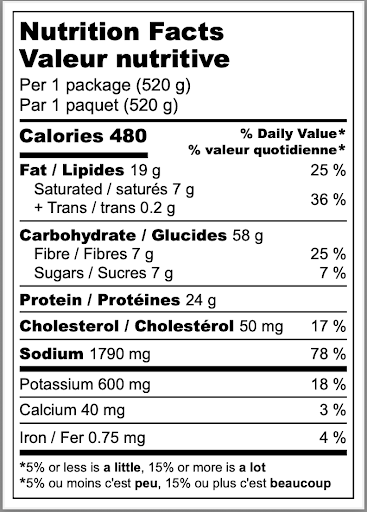 Nutrition facts label for Pork Miso Frozen Ramen with serving size, calories, and detailed nutritional information.