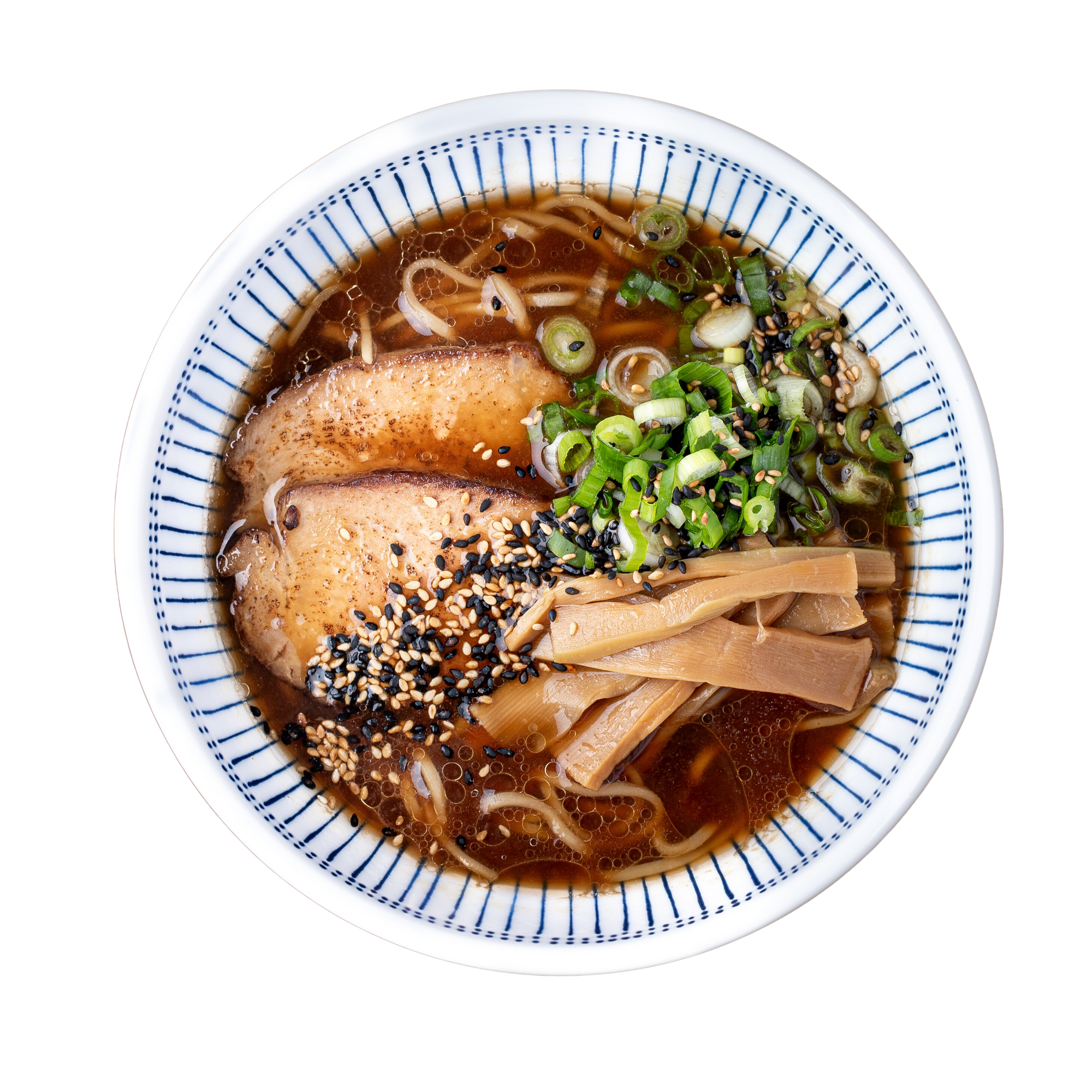 Pork Shoyu Ramen with scratch-made noodles, real bone broth, sliced pork chashu, green onions, seasoned bamboo shoots, and sesame seeds in a white bowl.