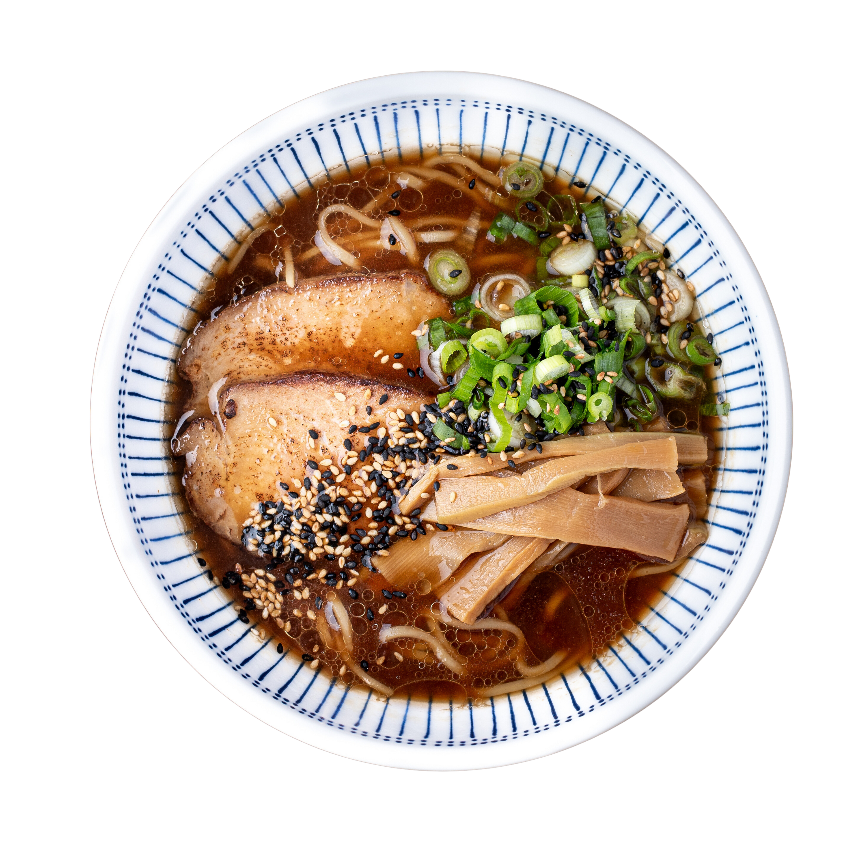 Pork Shoyu Ramen with scratch-made noodles, real bone broth, sliced pork chashu, green onions, seasoned bamboo shoots, and sesame seeds in a white bowl.