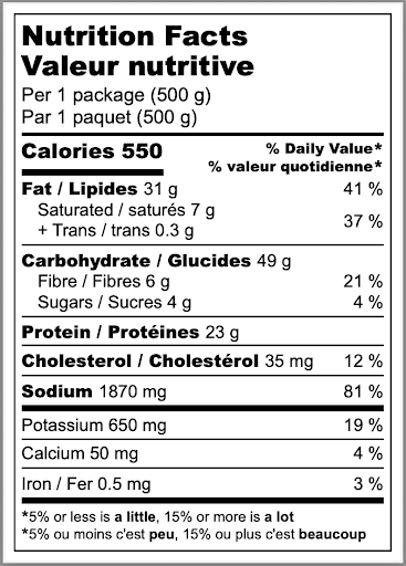 Nutrition facts label for Pork Shoyu Frozen Ramen with serving size, calories, and detailed nutritional information.
