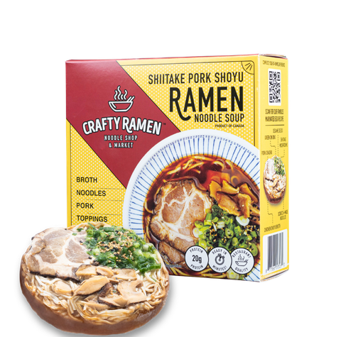Crafty Ramen Shiitake Pork Shoyu Frozen Ramen box and frozen puck.