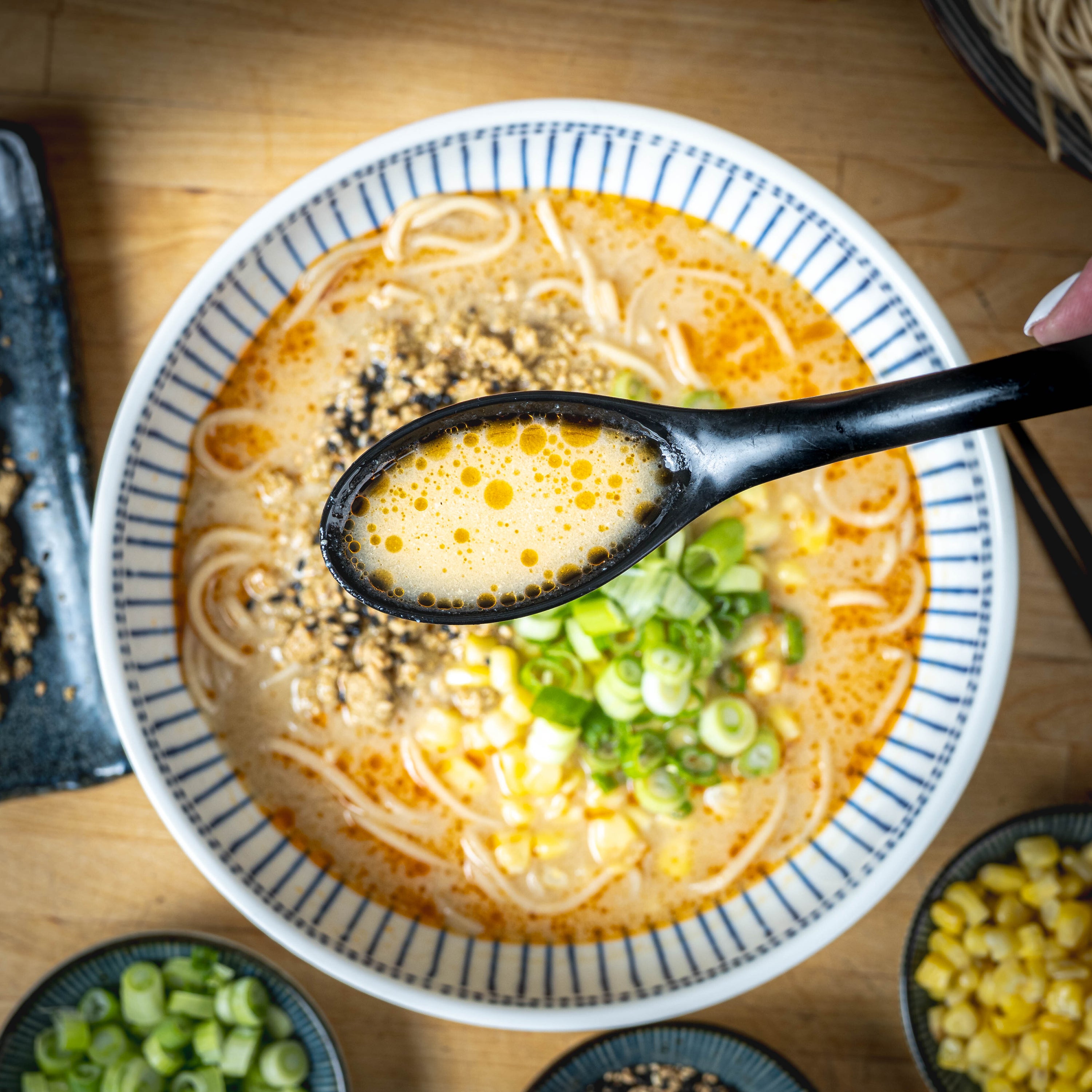 Finished bowl of Spicy Chicken Tantanmen Frozen Ramen with real bone broth