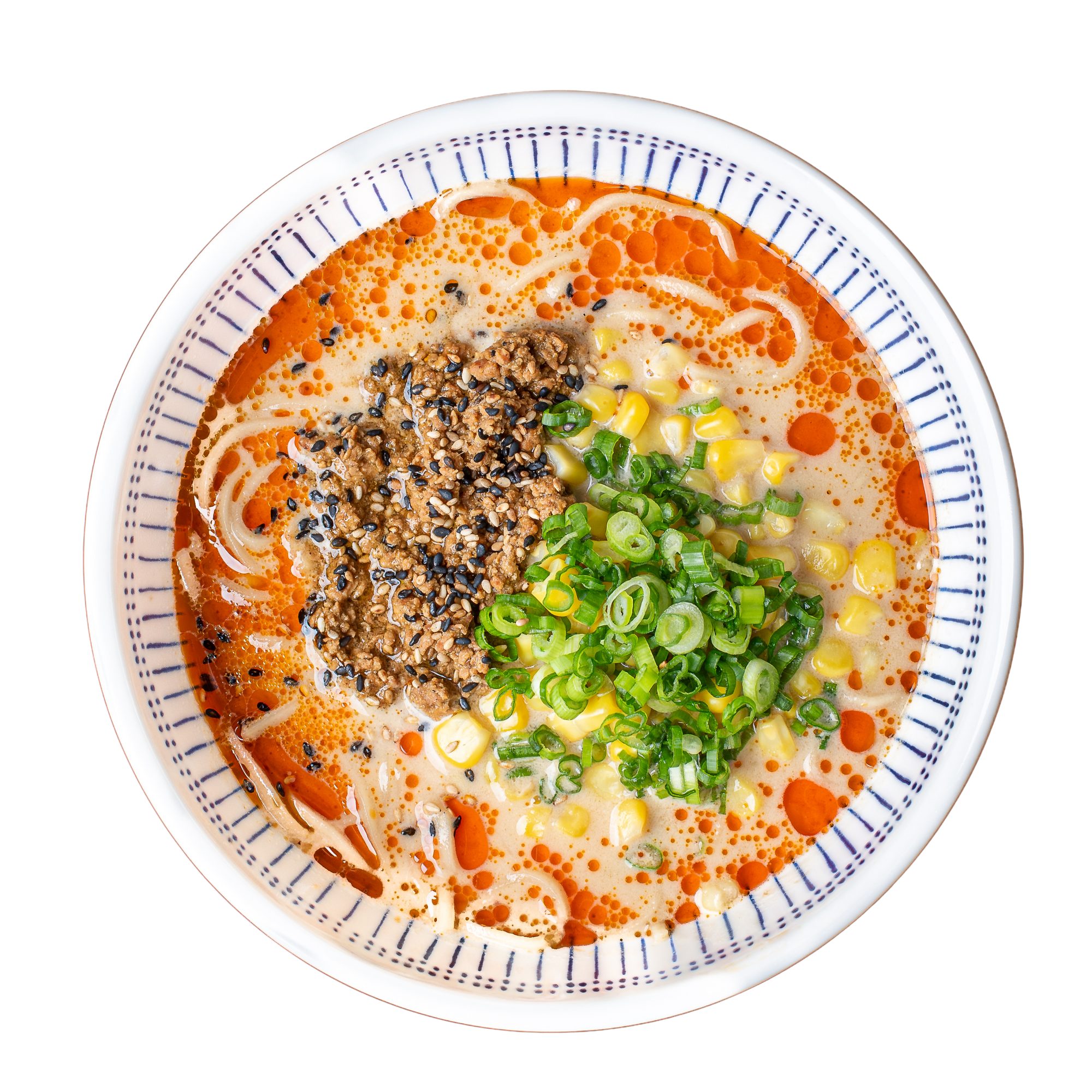 Spicy Chicken Tantanmen Ramen with scratch-made noodles, real bone broth, chili oil, ground sesame chicken, sweet corn, and green onions in a white bowl.