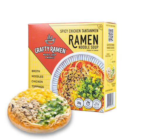 Crafty Ramen Spicy Chicken Tantanmen Frozen Ramen box and frozen puck.