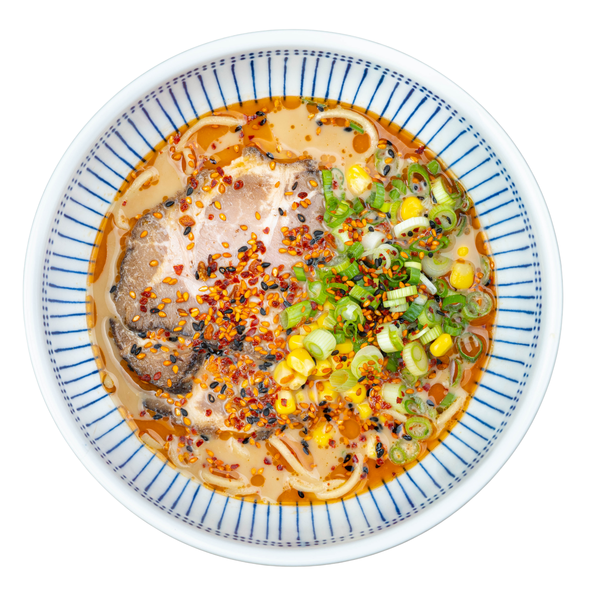 Spicy Pork Miso Ramen with scratch-made noodles, real bone broth, chili oil, sliced pork chashu, sweet corn, green onions, and chili crunch in a white bowl.