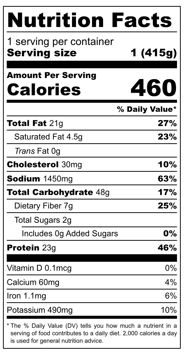 Nutrition facts label for Spicy Pork Miso Frozen Ramen with serving size, calories, and detailed nutritional information.