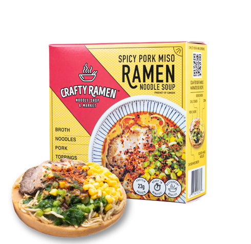 Crafty Ramen Spicy Pork Miso Frozen Ramen box and frozen puck.