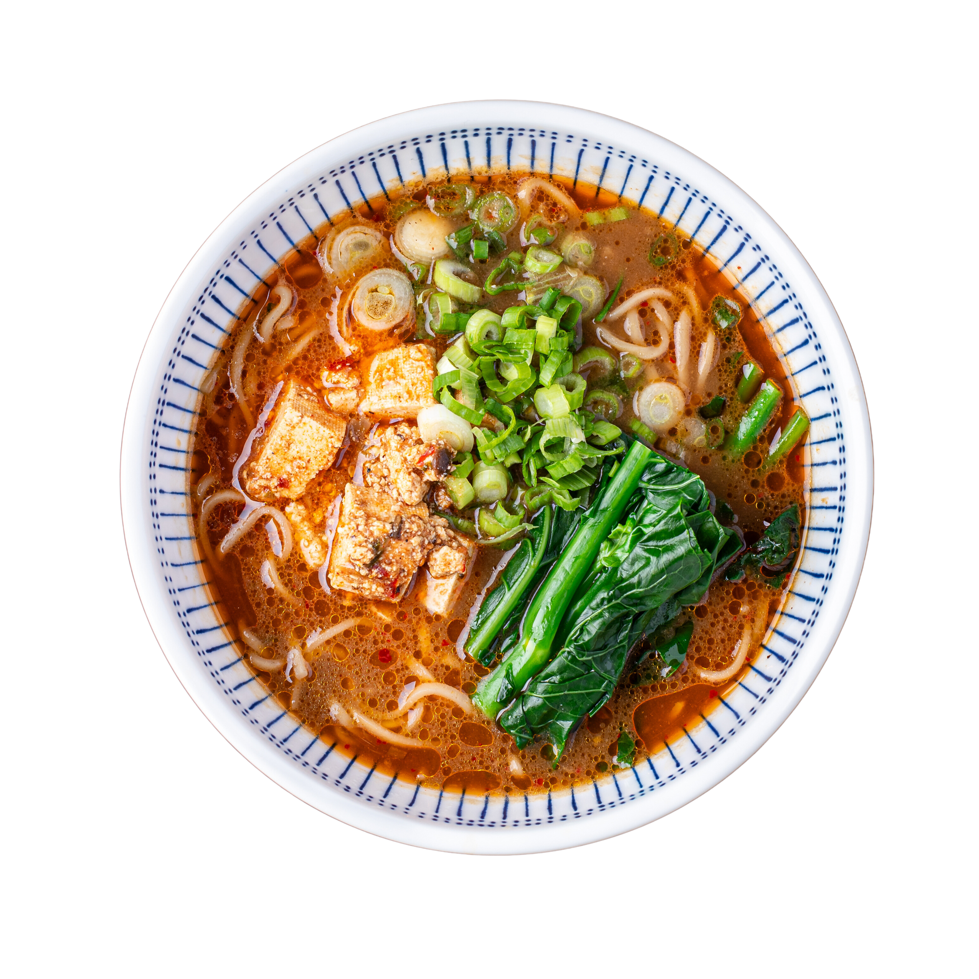 Szechuan Tofu Ramen with scratch-made noodles, real vegan broth, chili oil, mapo tofu, chinese broccoli, and green onions in a white bowl.