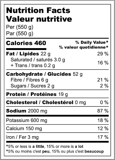 Nutrition facts label for Szechuan Tofu Frozen Ramen with serving size, calories, and detailed nutritional information.