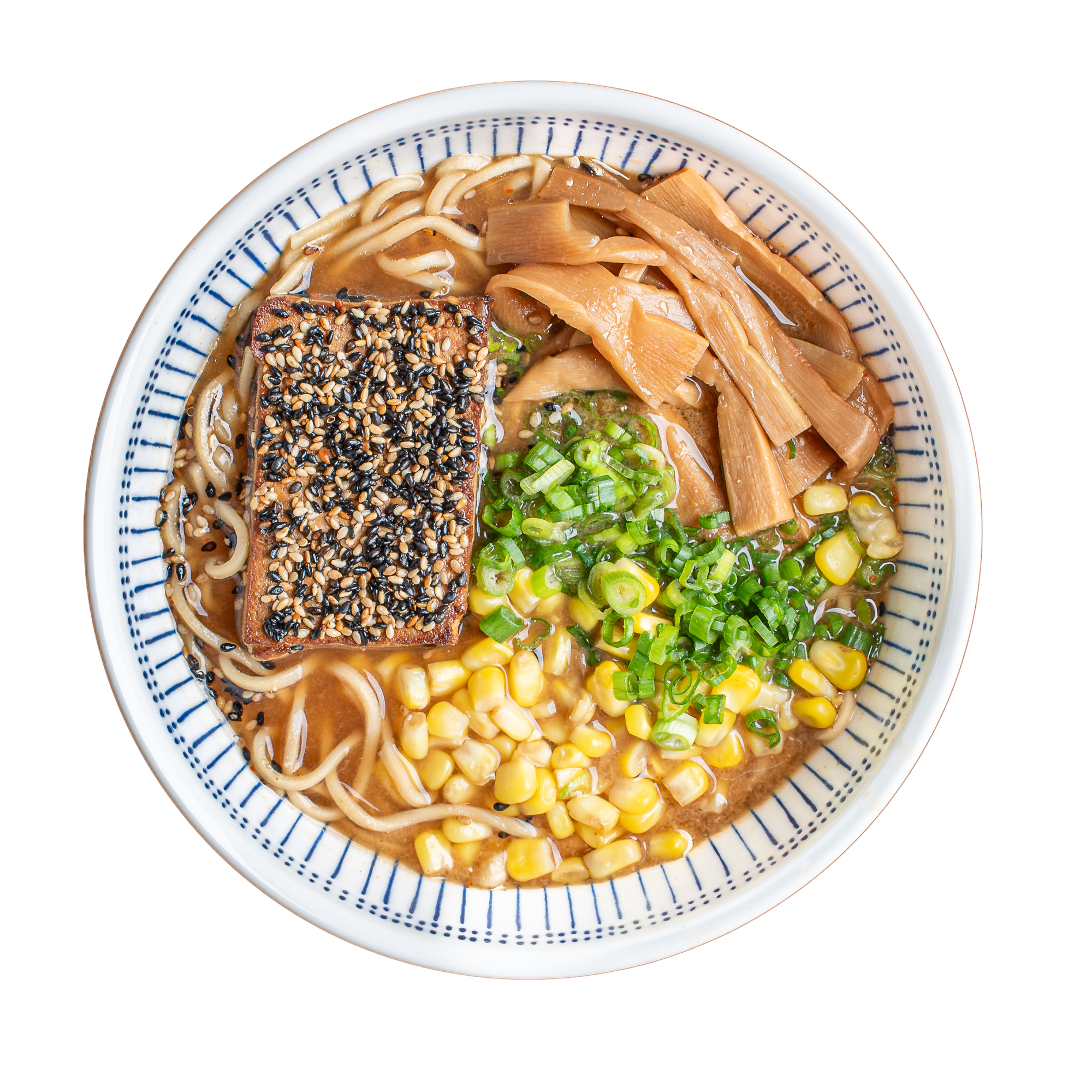 Tofu Miso Ramen with scratch-made noodles, real vegetable broth, tofu, sweet corn, green onions, and seasoned bamboo shoots in a white bowl.
