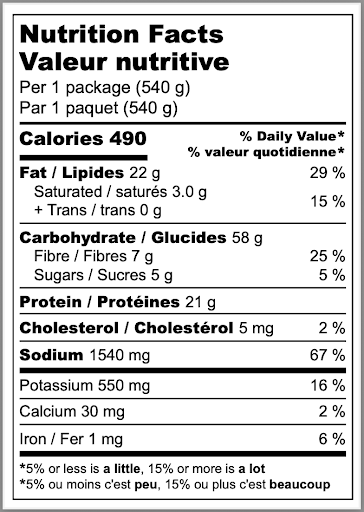 Nutrition facts label for Tofu Miso Frozen Ramen with serving size, calories, and detailed nutritional information.